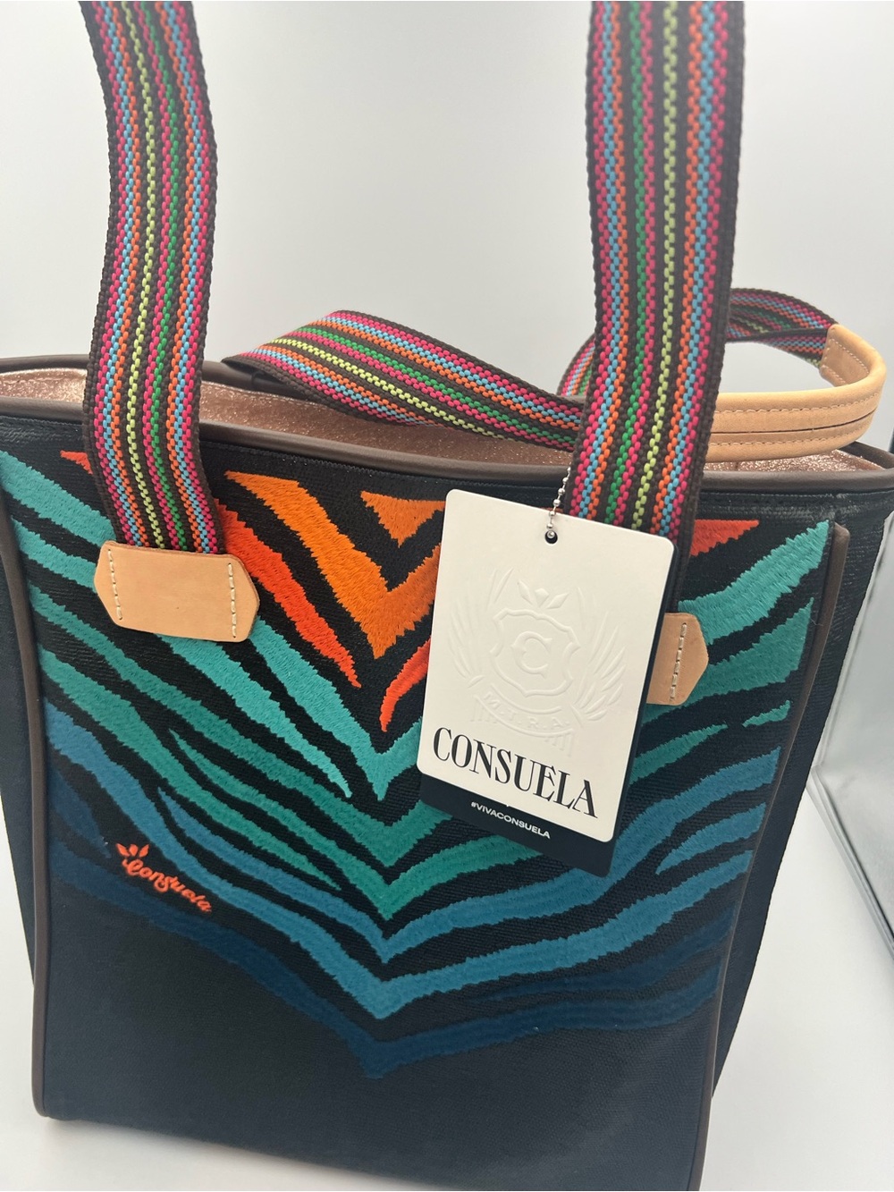 Consuela Black Multicolor Zebra-Stripe Tote with Teal & Orange Accents